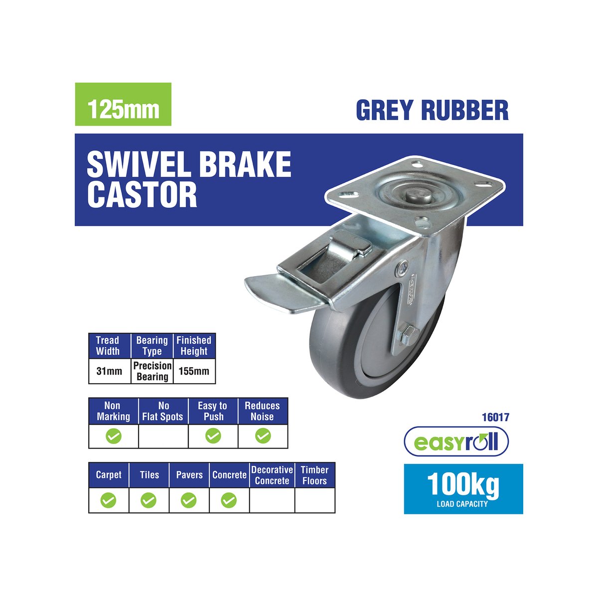Easyroll 125mm 100kg Grey Rubber Heavy Duty Swivel Brake Castor