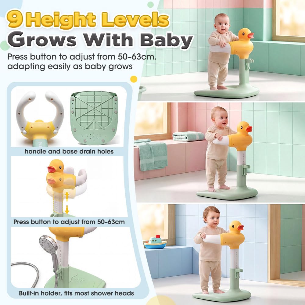 Baby Bath Shower Stand - Green - 9 Height Levels, Anti-Slip Base, Anti-Pinch Silicone