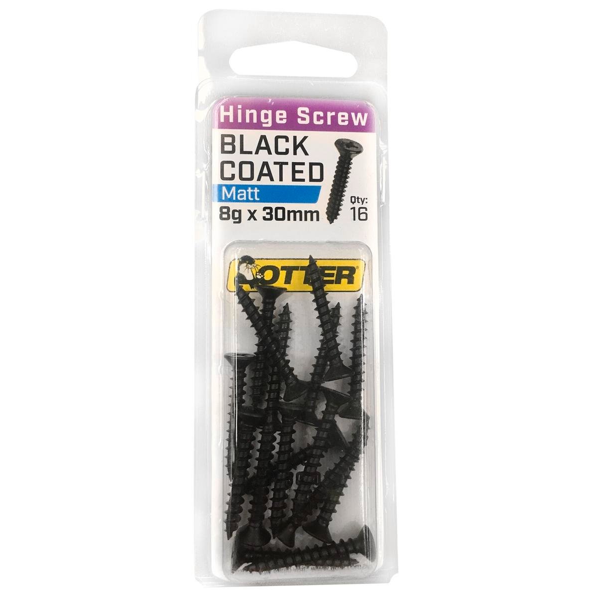 Otter 8 x 30mm Black Coated Hinge Screws 16 Pack Countersunk Self Tapping