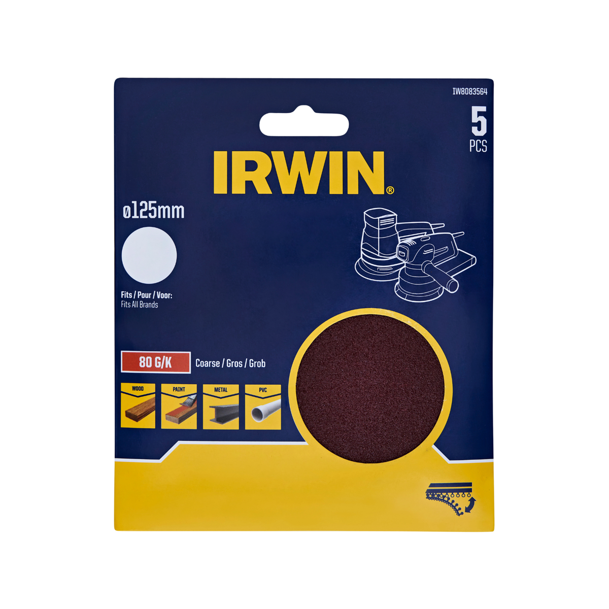 Irwin 125mm 80 Grit No-Hole Quick Fit Orbital Sanding Discs - 5 Pack