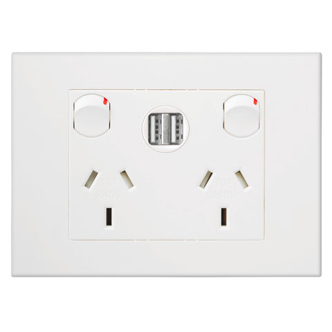 HPM VIVO Double Power Point with Dual USB Charger, White, 10A 240V, 2.4A Per Port (EV777USB2IWE)