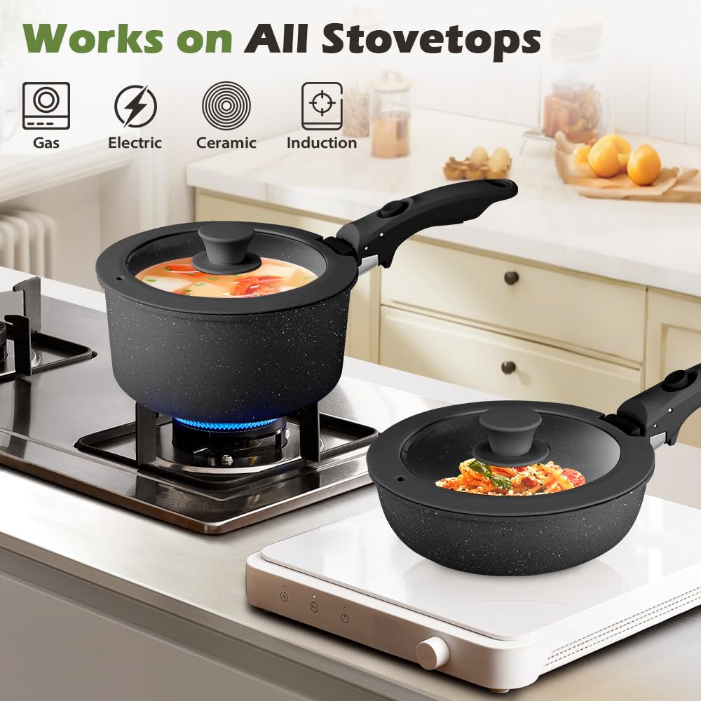 Detachable Handle Cookware Set 20 Piece - Black - Nonstick Granite Coating, PFOA and PFOS Free, Induction Ready