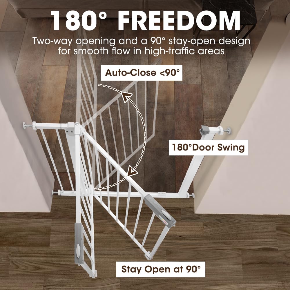 Auto-Close Baby Safety Gate - White 85-94cm - Pressure Fit No Drilling, Triple Lock, Two-Way Swing