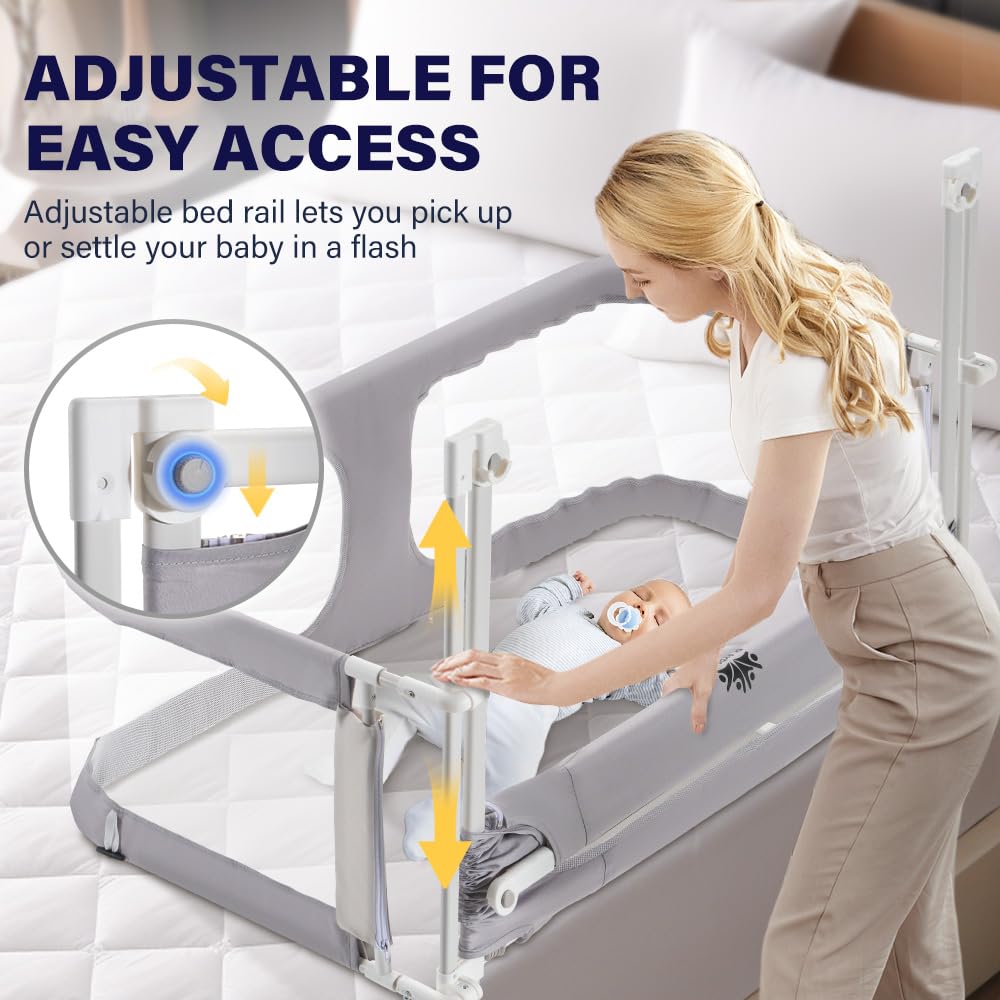 Baby Bedside Crib Co-Sleeper - Grey 120 x 56 x 70cm - Mesh Window, Lift and Fold Side, Adjustable