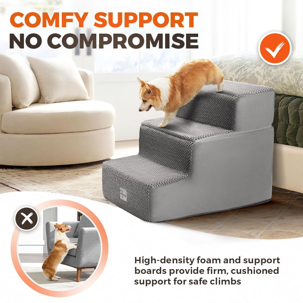 3 Step Dog Stairs 35cm High - Grey - High Density Foam with Support Boards, Non Slip Corduroy Cover