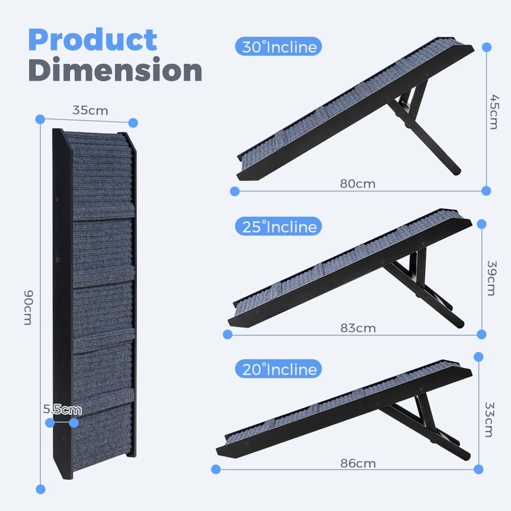 Adjustable Dog Ramp for Bed - Black, 90cm Long - Three Heights 33, 39 and 45cm, Holds 60kg, Non Slip Carpet