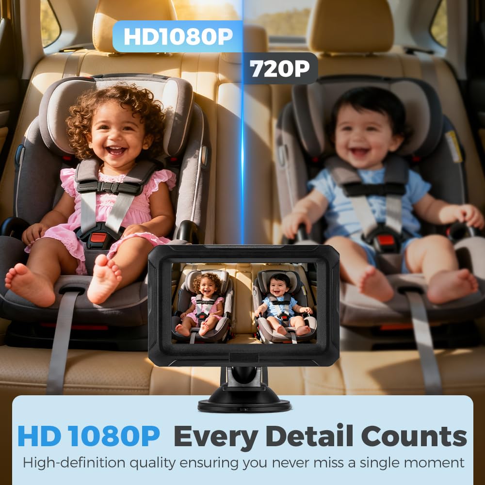 Baby Car Mirror Camera - 4.3in 1080P HD - Infrared Night Vision, 150 Degree Wide Angle, 360 Rotation