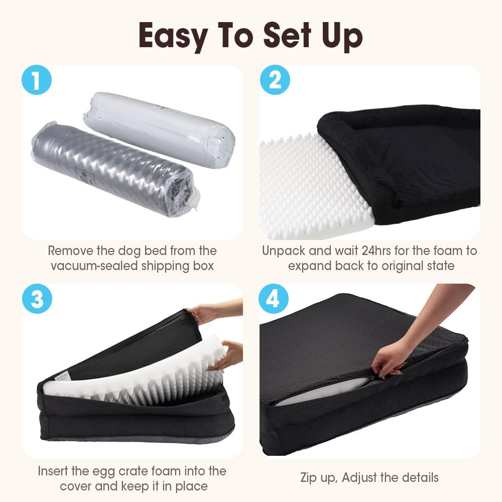 Dog Bed with L Shaped Bolsters - Black, Large 90 x 64 x 15cm - Velvet, Washable Cover, Non Slip Base