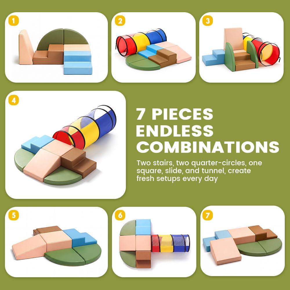 Soft Play Set 7 Piece - Morandi - Crawl Tunnel, PU Leather Foam Blocks, Non-Slip Base