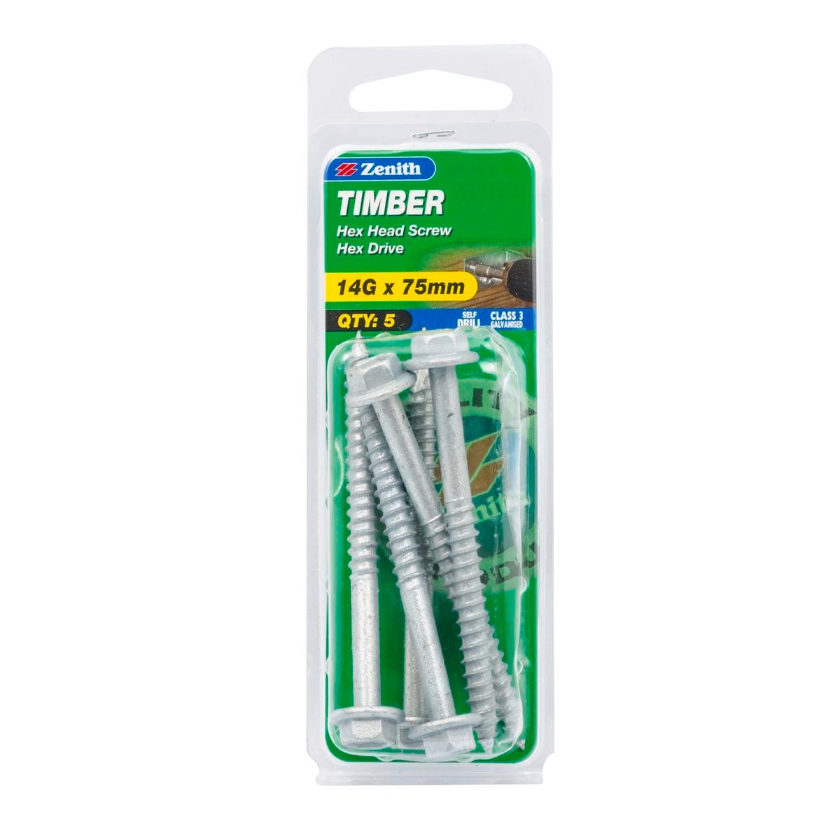 Zenith 14G x 75mm Galvanised Steel Hex Head Timber Screws - 5 Pack