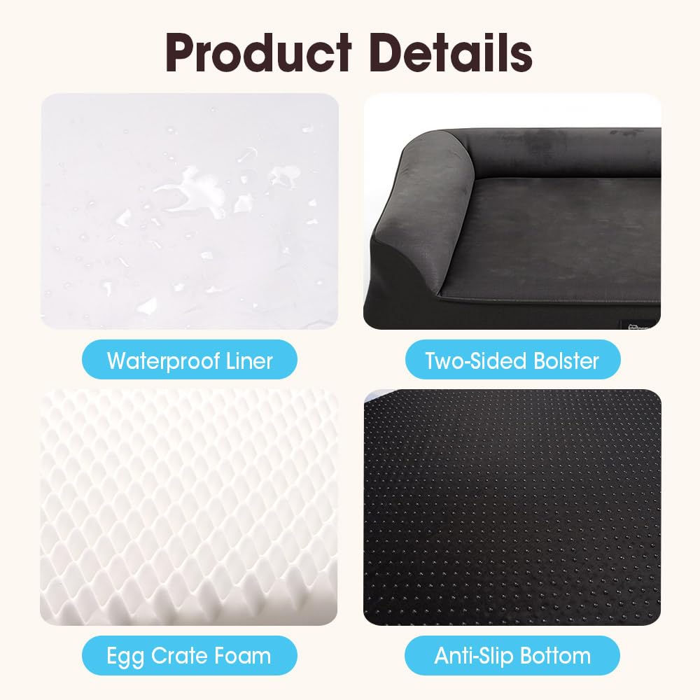 Dog Bed with L Shaped Bolsters - Grey, Medium 71 x 58 x 15cm - Velvet, Egg Crate Foam, Non Slip Base