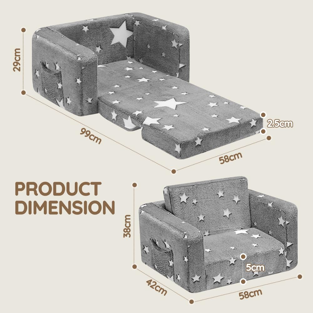 Kids Fold-Out Sofa Bed 2-in-1 - Grey Star Print - Glow-in-the-Dark, Zip-Off Washable Cover