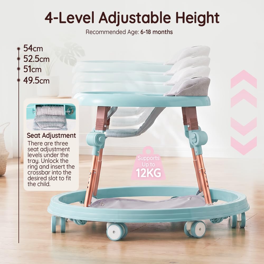 3-in-1 Baby Walker and Activity Table - Mint - 4 Height Positions, Folding Frame, 6-18 Months