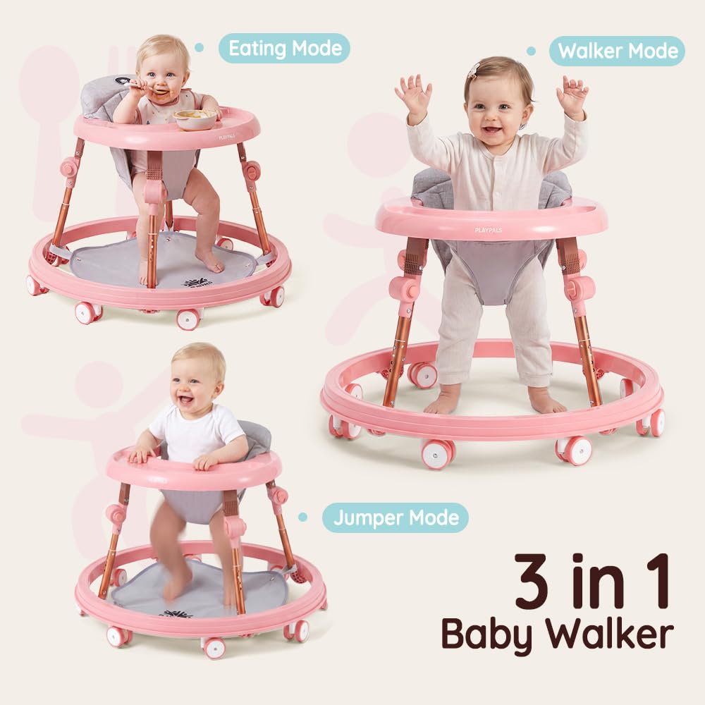 3-in-1 Baby Walker and Activity Table - Pink - 4 Height Positions, Folding Frame, 6-18 Months