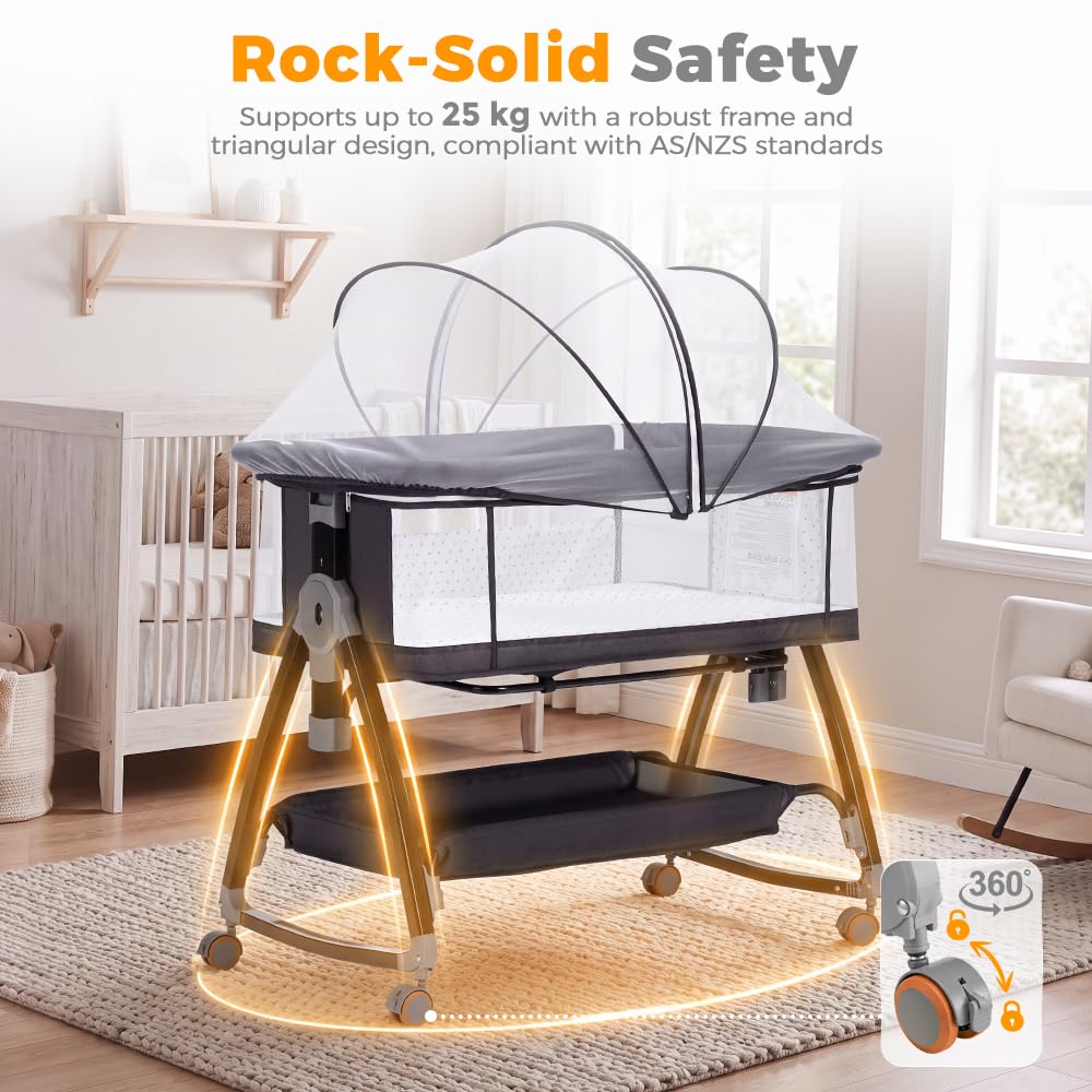 3-in-1 Baby Bassinet and Bedside Sleeper - Black - 6 Height Levels, Rocking Cradle, Mattress Included