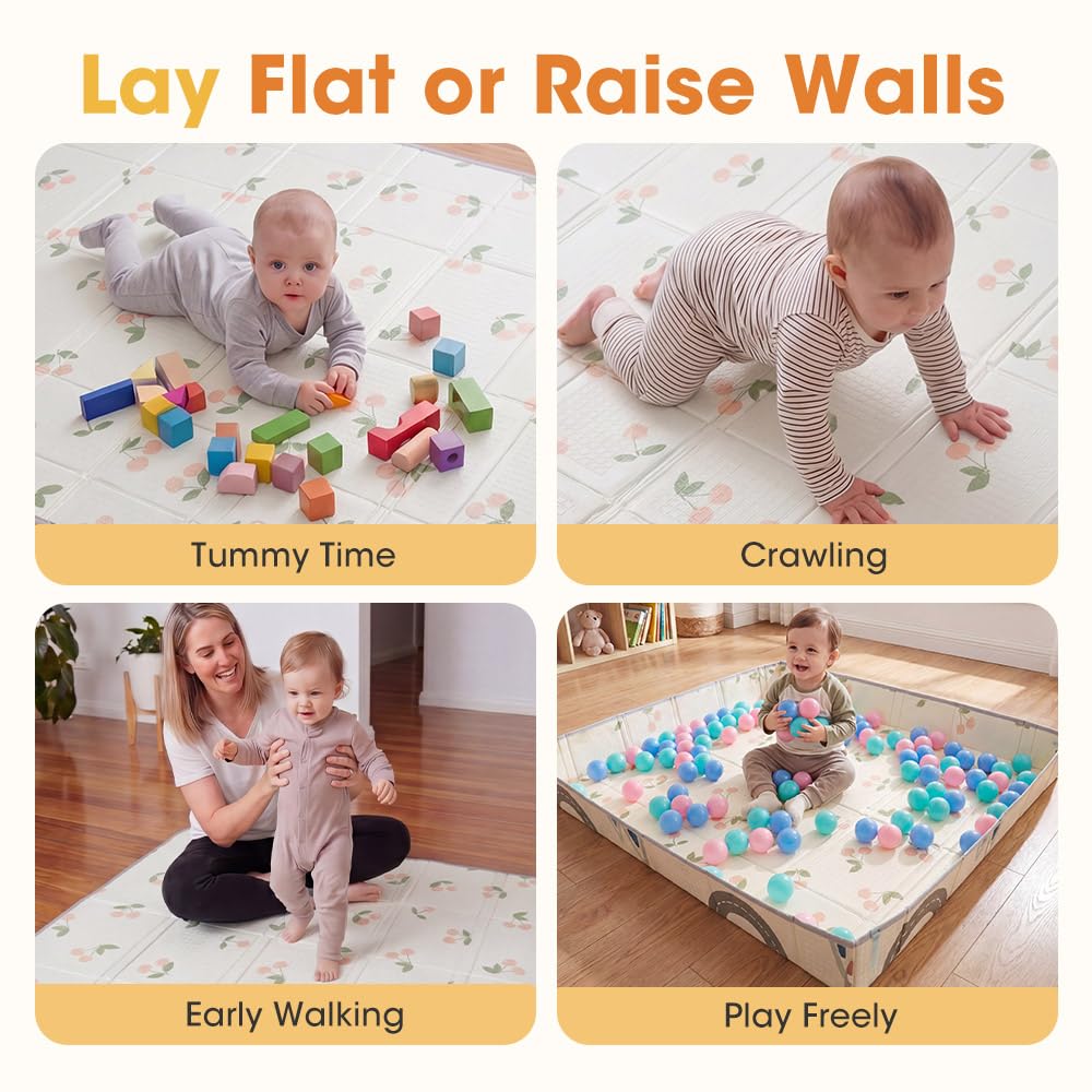 Baby Play Mat with Fold-Up Sides - Cherry - 24 Ball Pit Balls, XPE Foam, Carry Bag