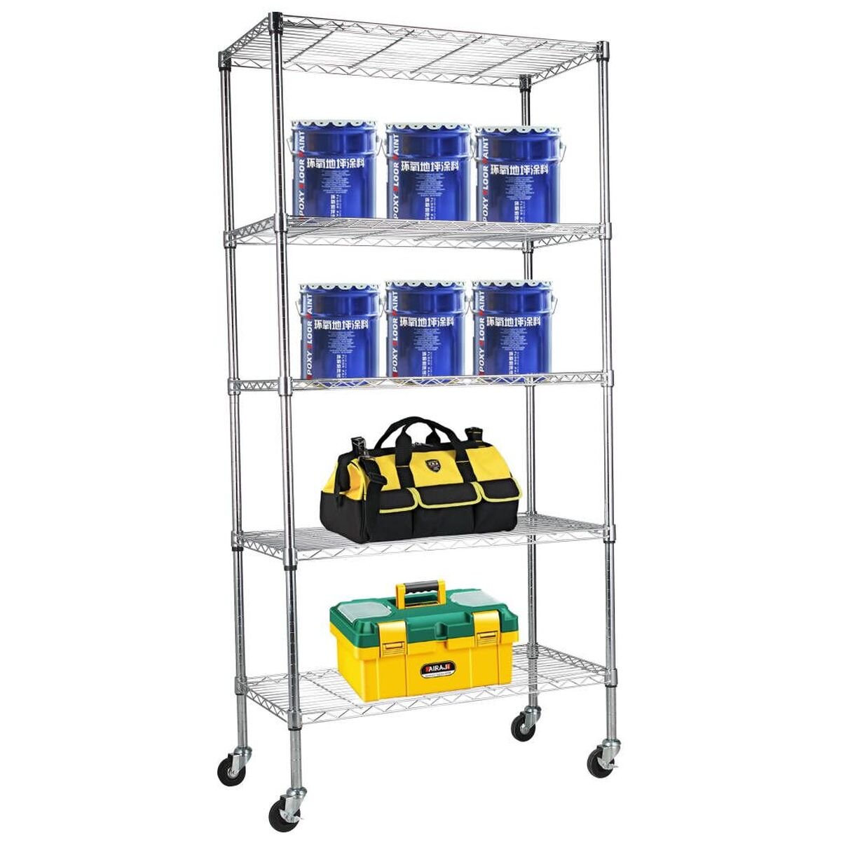 L.T. Williams 5 Tier Chrome Shelving Unit - 5 Wire Shelves - Black Metal Wheels - 6101-LT