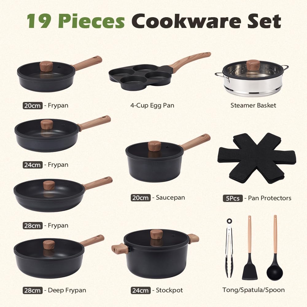 Classic Cookware Set 19 Piece - Black - Nonstick Granite Coating, Fixed Stay Cool Handles, PFOA and PFOS Free