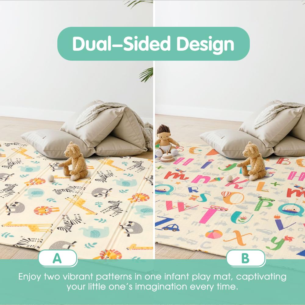 Foldable Baby Play Mat 200 x 180cm - Zoo Animals - 1cm XPE Foam, Reversible, Travel Bag