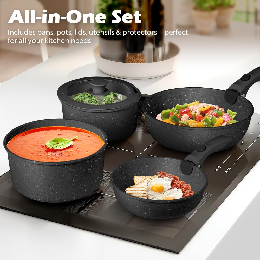 Detachable Handle Cookware Set 20 Piece - Black - Nonstick Granite Coating, PFOA and PFOS Free, Induction Ready