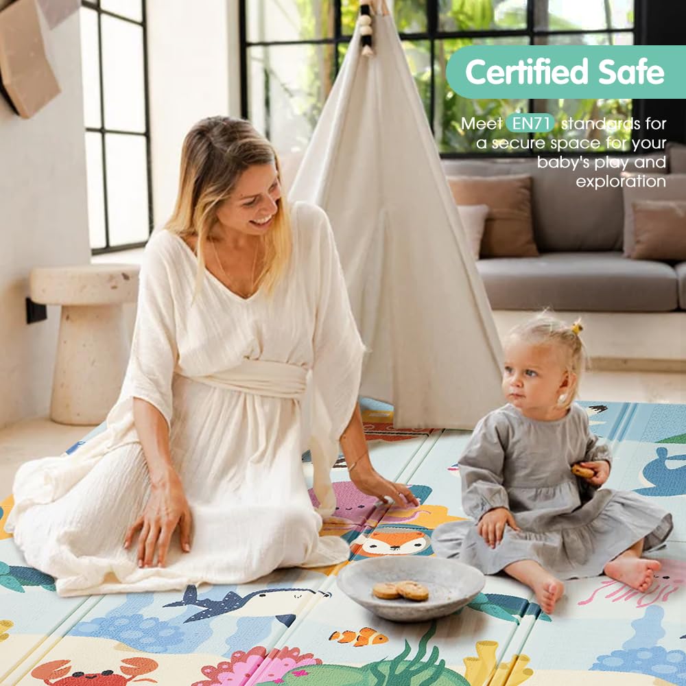 Foldable Baby Play Mat 200 x 180cm - Submarine World - 1cm XPE Foam, Reversible, Travel Bag