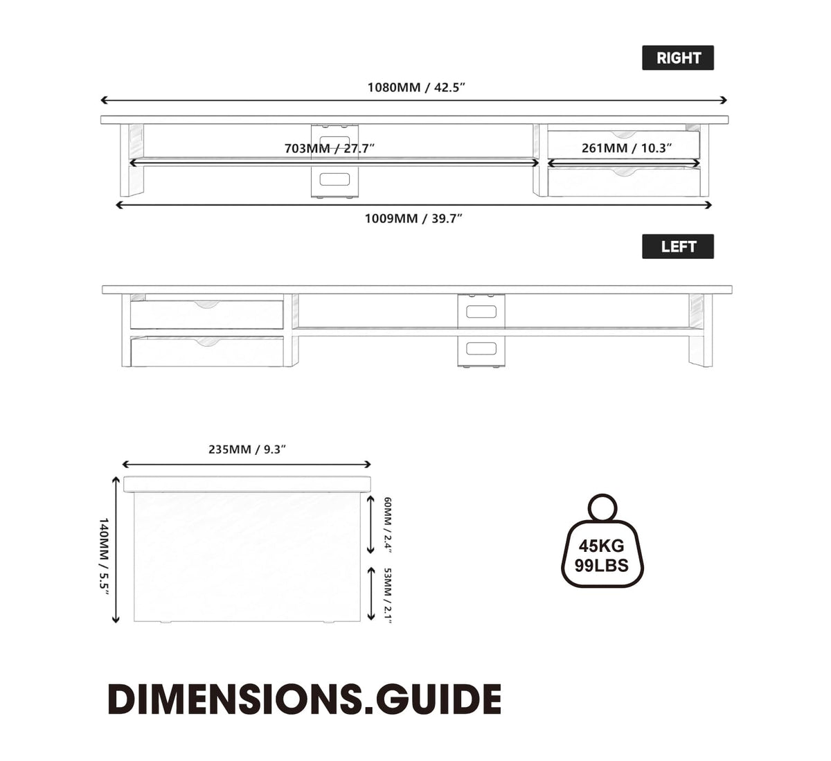 Dual Monitor Riser with Drawers 42.5 Inch - Black - 2 Tier Desktop Organiser, 15mm Wood Panel, Holds 45kg