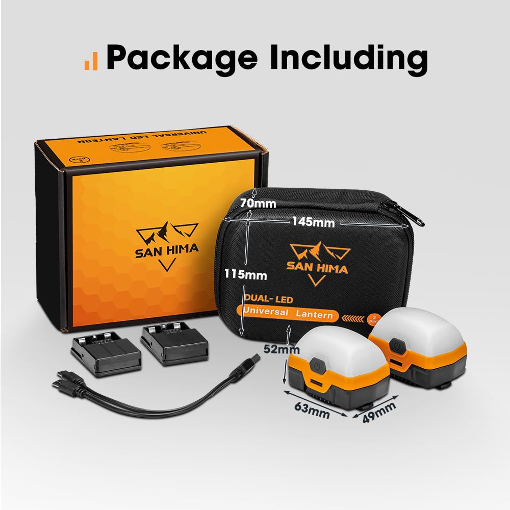 Rechargeable LED Camping Lights 2 Pack - Amber and White - IP66, 100 Hour Run Time, Magnetic Base, SOS Strobe, USB-C