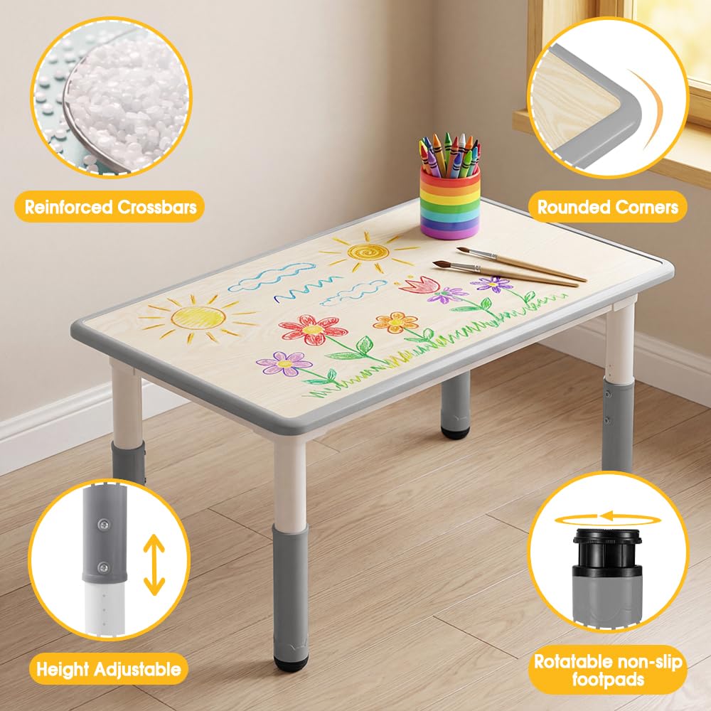 Kids Table and Chair Set with 4 Chairs - Grey 120 x 60cm - 7-Level Height Adjust, Wipe-Clean Top
