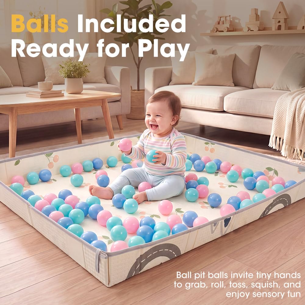 Baby Play Mat with Fold-Up Sides - Cherry - 24 Ball Pit Balls, XPE Foam, Carry Bag