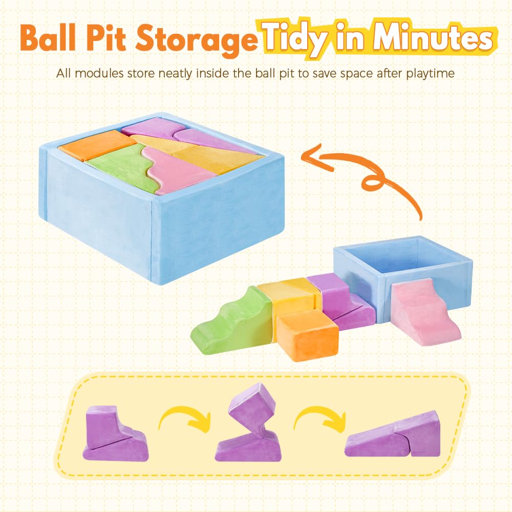 Soft Play Set 7 Piece - Pastel - Ball Pit, Ramps, Steps, Slope and Block, High-Density Foam
