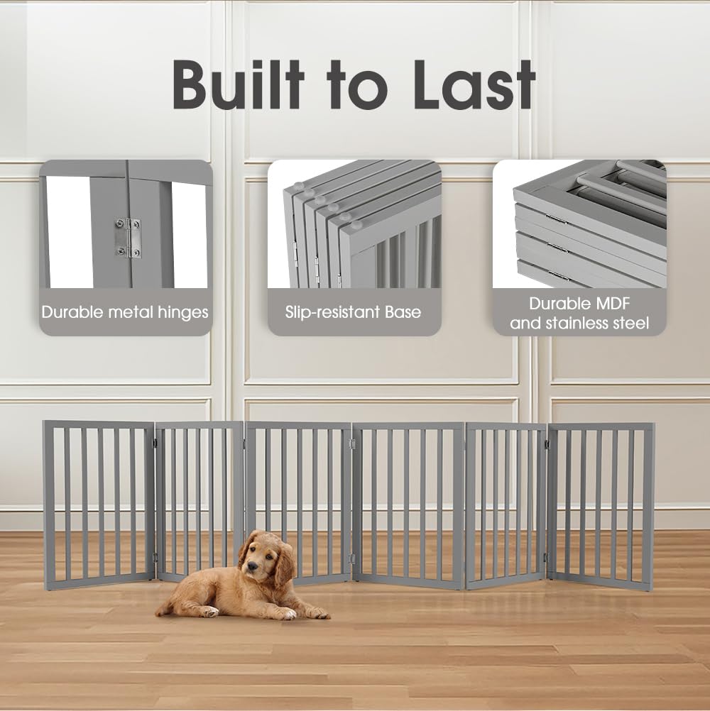 Foldable Dog Gate 6 Panel - Grey, 282 x 61cm - No Drill Freestanding, 180 Degree Hinges, Wooden Panels