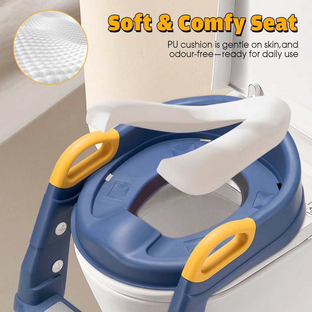 2-in-1 Potty Training Seat with Step Stool Ladder - Blue - Splash Guard, Soft PU Cushion, Non-Slip