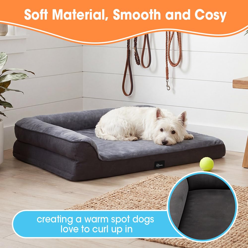 Dog Bed with L Shaped Bolsters - Grey, Medium 71 x 58 x 15cm - Velvet, Egg Crate Foam, Non Slip Base