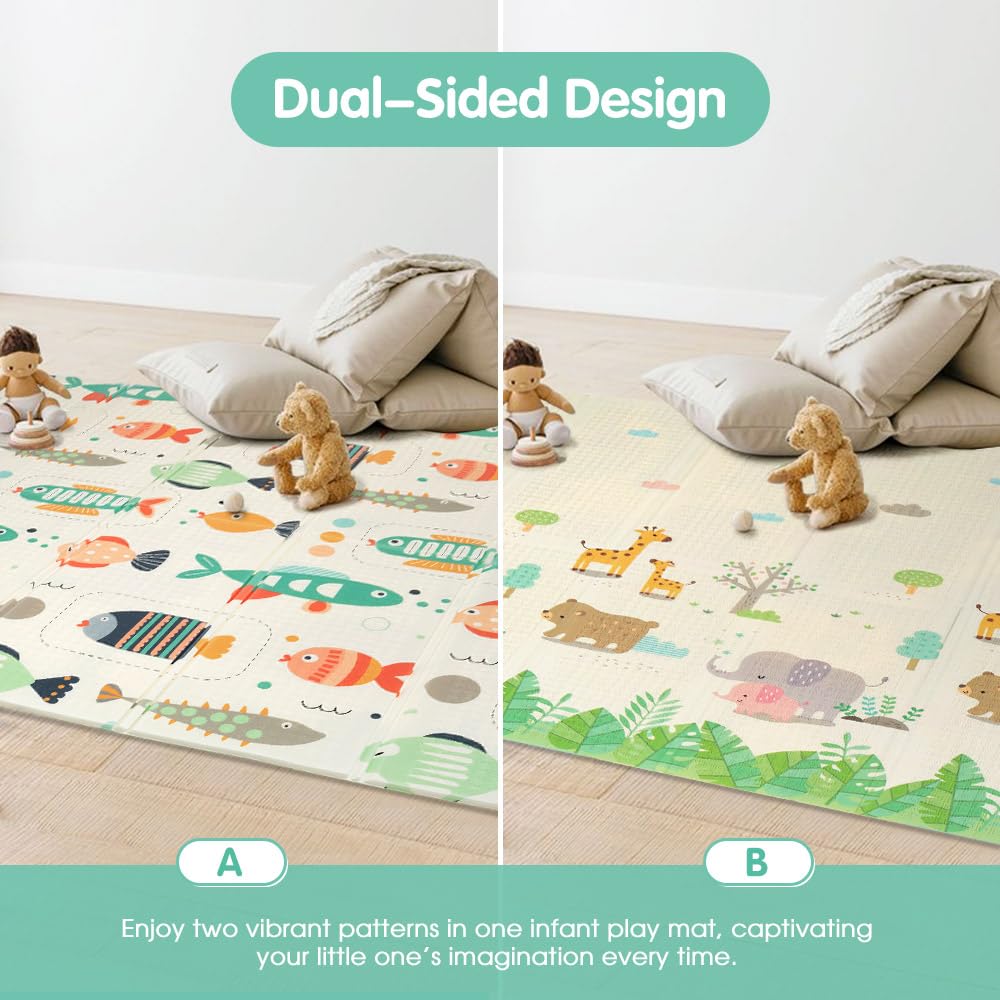 Foldable Baby Play Mat 200 x 180cm - Fish - 1cm XPE Foam, Reversible, Travel Bag Included