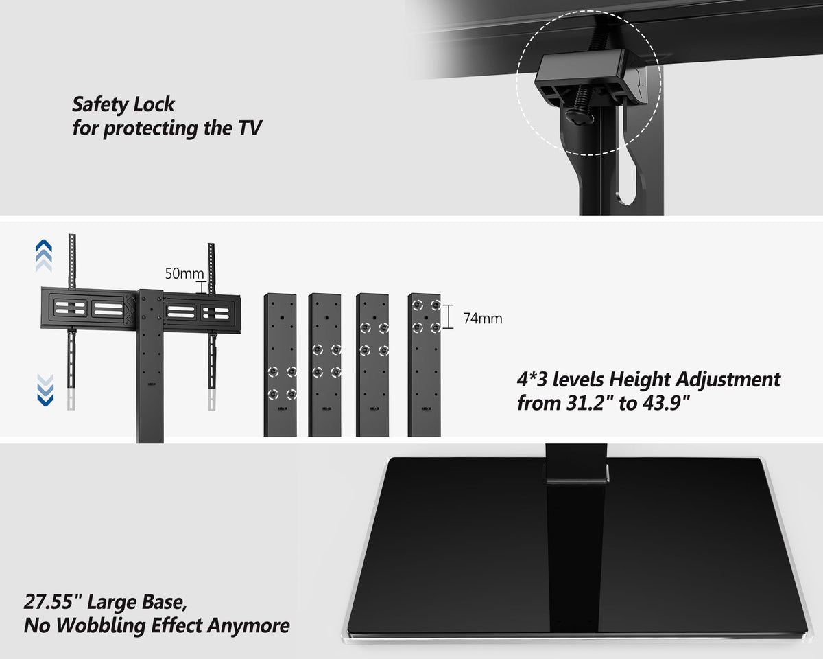 Universal Tabletop TV Stand for 50-80 Inch TVs - Black - Swivel 80 Degrees, 4 Height Settings, Holds 65kg, VESA to 800x6