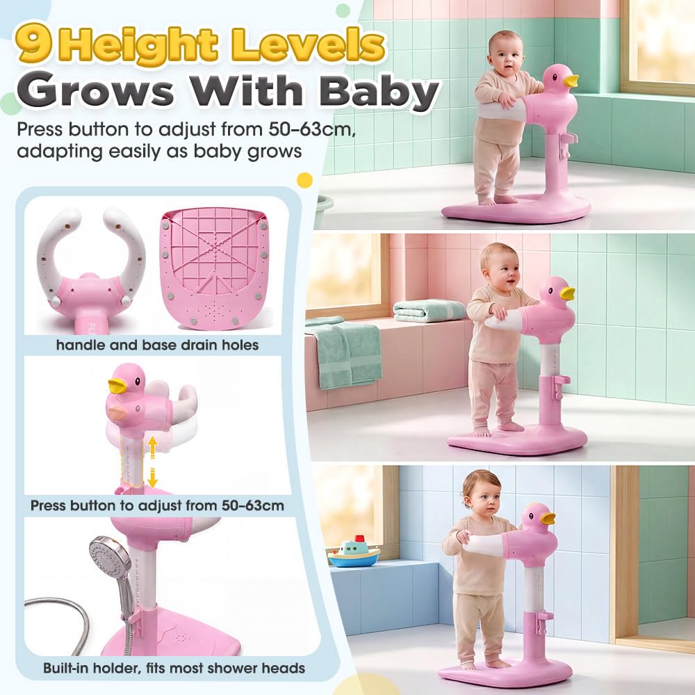 Baby Bath Shower Stand - Pink - 9 Height Levels, Anti-Slip Base, Anti-Pinch Silicone