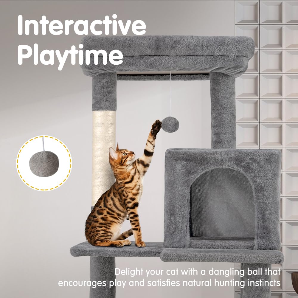 Cat Tree Tower 142cm - Light Grey - 3 Levels, Hammock, Condo, 4 Sisal Scratching Posts, Dangling Ball