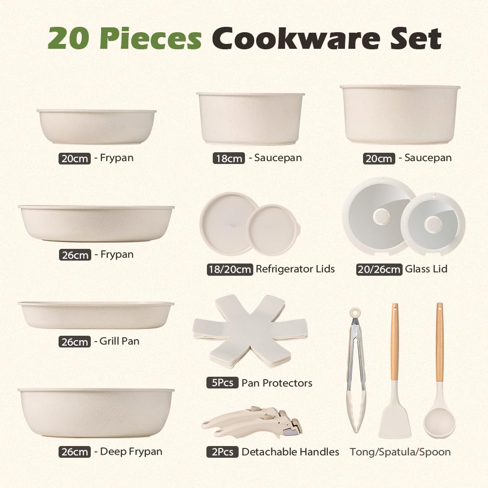 Detachable Handle Cookware Set 20 Piece - White - Nonstick Granite Coating, PFOA and PFOS Free, Induction Ready