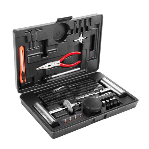 Tyre Puncture Repair Kit - 67 Piece - Tubeless Plug Kit, 0-50 PSI Gauge, Steel T Handle Tools and Carry Case for 4WD
