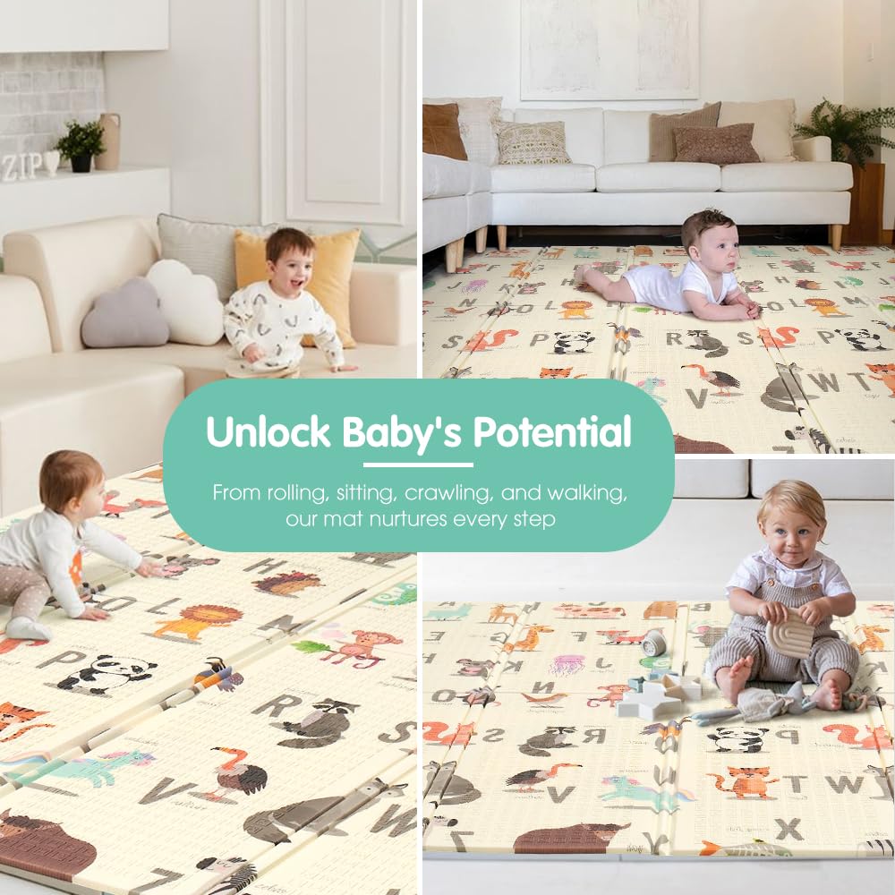 Foldable Baby Play Mat 200 x 180cm - Safari Animals - 1cm XPE Foam, Reversible, Travel Bag