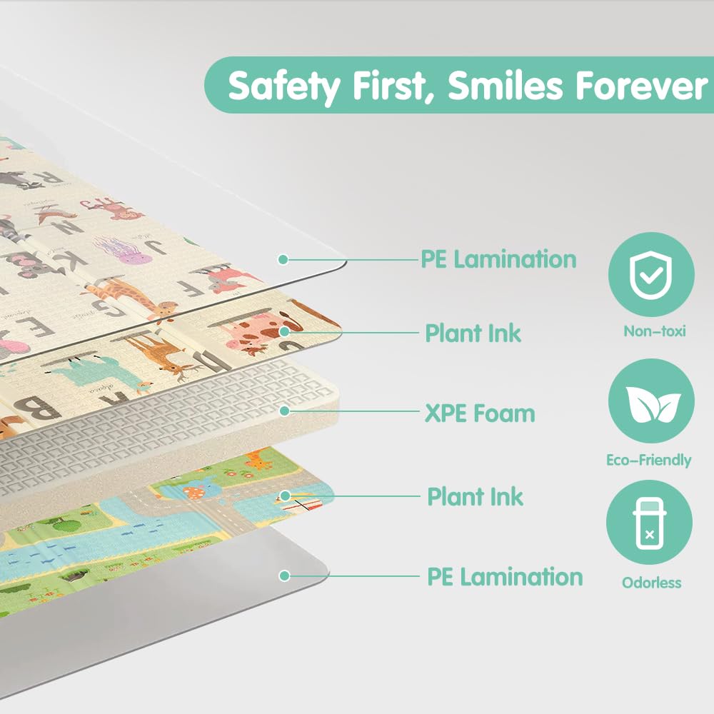 Foldable Baby Play Mat 200 x 180cm - Safari Animals - 1cm XPE Foam, Reversible, Travel Bag
