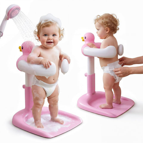 Baby Bath Shower Stand - Pink - 9 Height Levels, Anti-Slip Base, Anti-Pinch Silicone