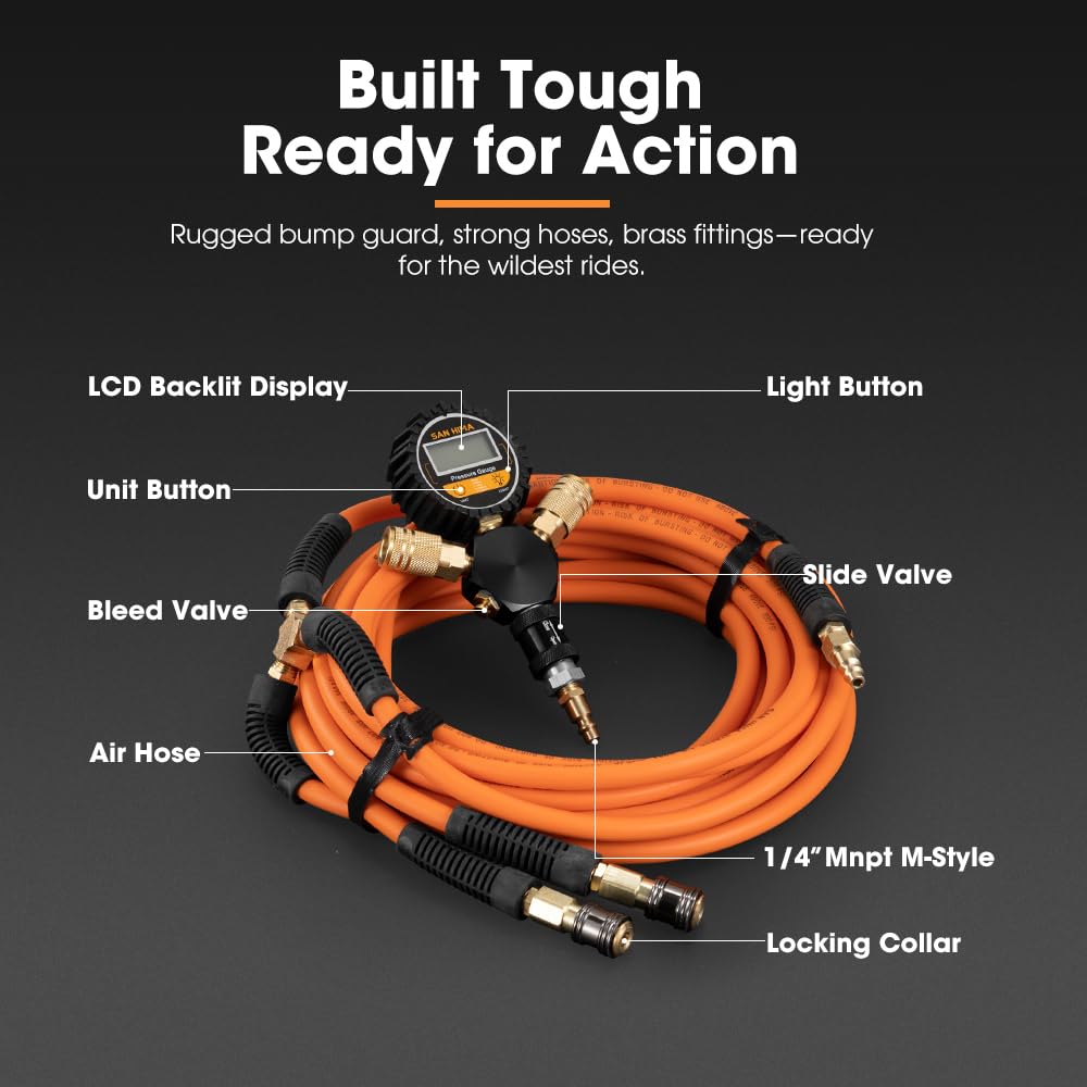 4 Way Digital Tyre Inflator - 250 PSI - Inflates Four Tyres at Once, Nitto Style Fittings, Heavy Duty Hoses