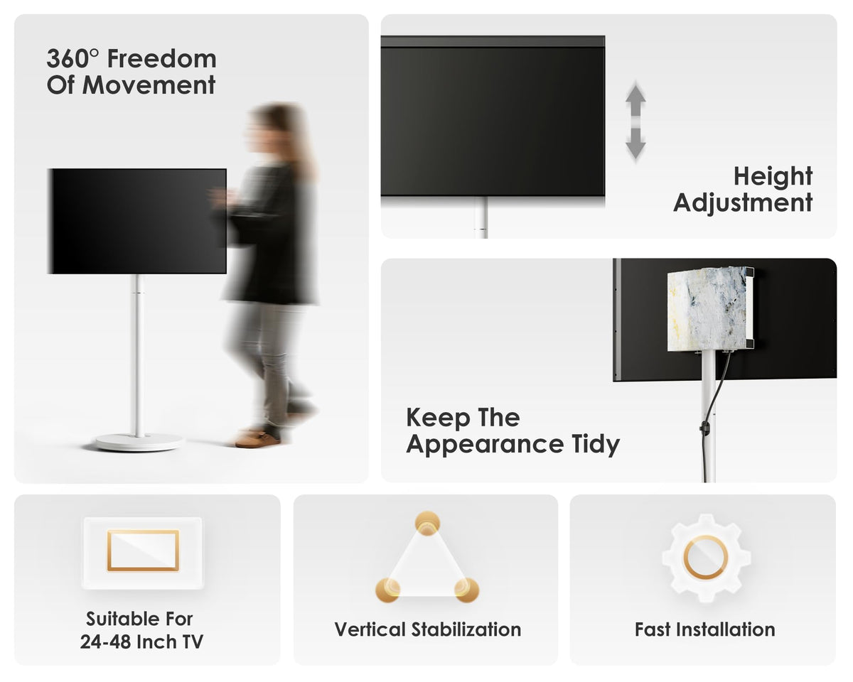 Small Rolling TV Stand for 24-48 Inch TVs - White - Minimalist Portable Cart, Hidden Wheels, Max VESA 200x200