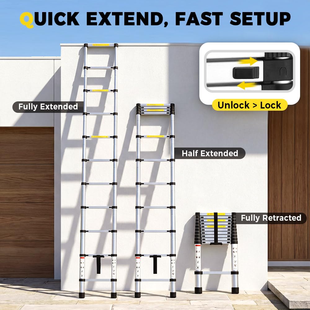 Telescopic Aluminium Ladder 3.2m - Silver - 150kg Capacity, Auto Lock Sections, Collapses for Storage, Carry Bag