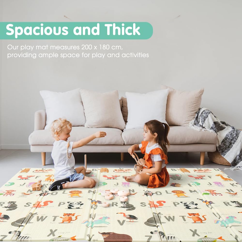 Foldable Baby Play Mat 200 x 180cm - Safari Animals - 1cm XPE Foam, Reversible, Travel Bag
