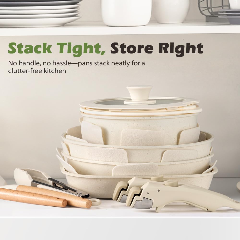Detachable Handle Cookware Set 20 Piece - White - Nonstick Granite Coating, PFOA and PFOS Free, Induction Ready