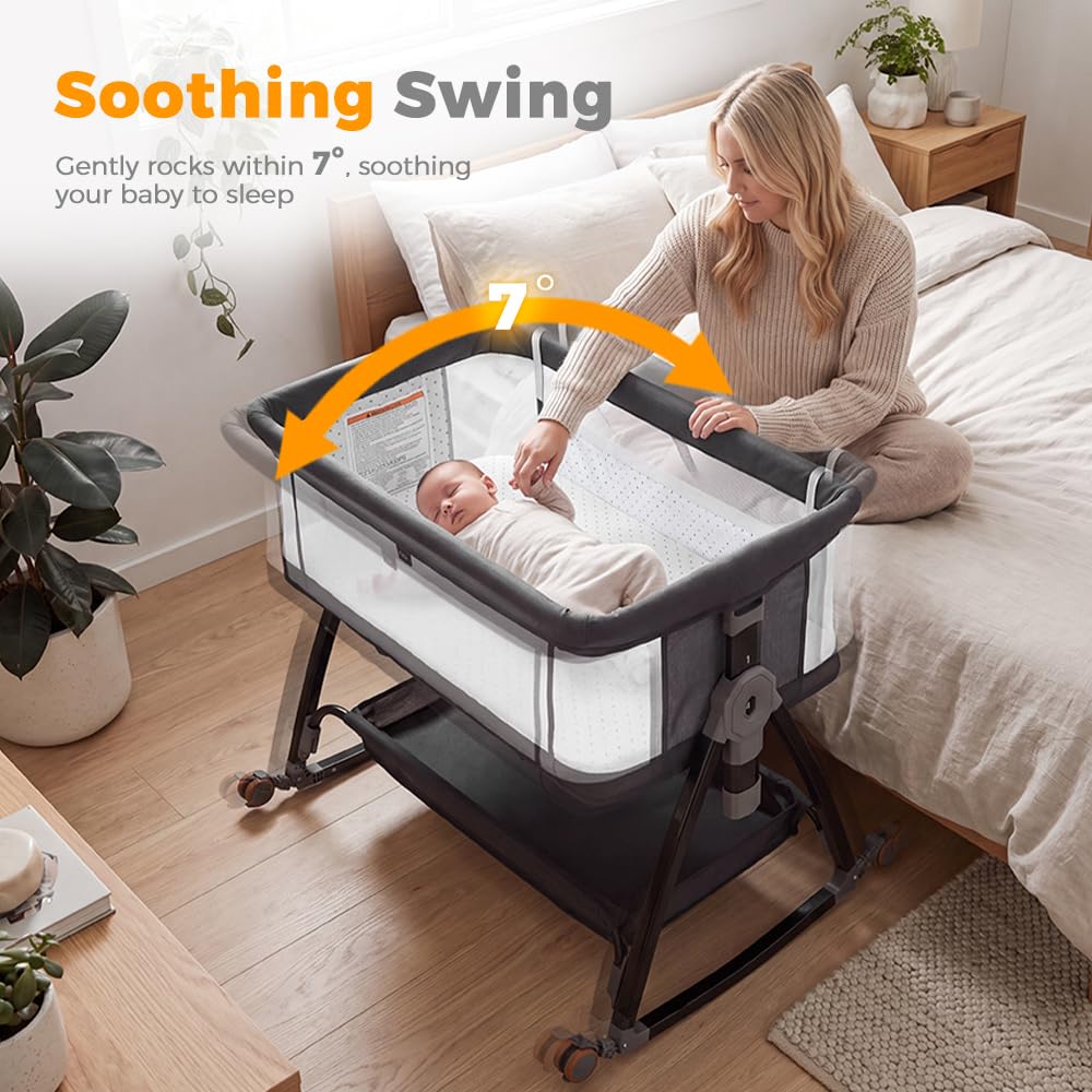 3-in-1 Baby Bassinet and Bedside Sleeper - Black - 6 Height Levels, Rocking Cradle, Mattress Included