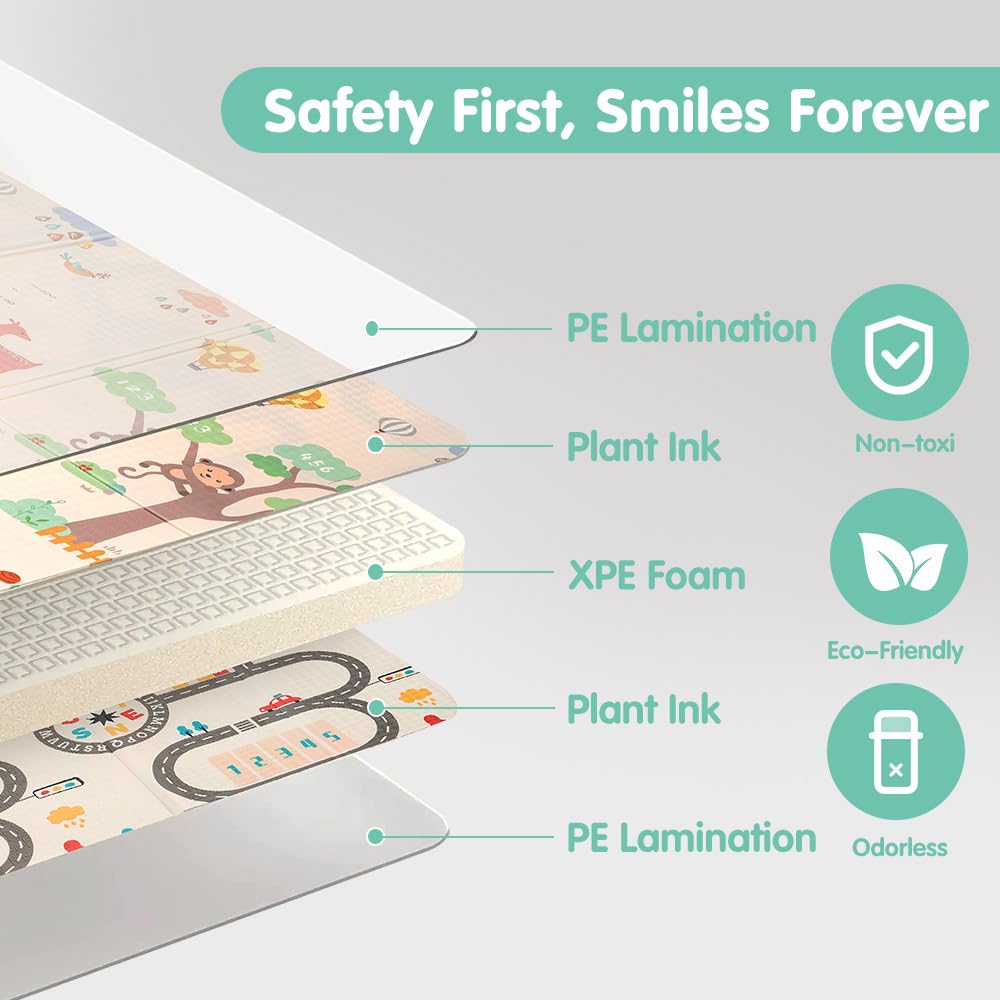 Foldable Baby Play Mat 200 x 180cm - Woodland Bear - 1cm XPE Foam, Reversible, Travel Bag
