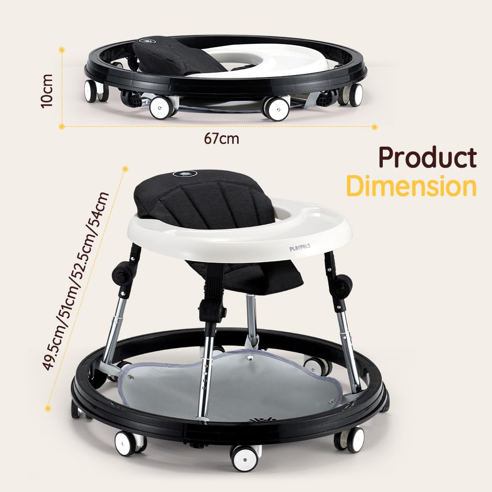 3-in-1 Baby Walker and Activity Table - Black - 4 Height Positions, Folding Frame, 6-18 Months